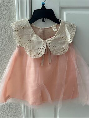 H&M Peach Pink Tulle Dress with Cream Eyelet Collar